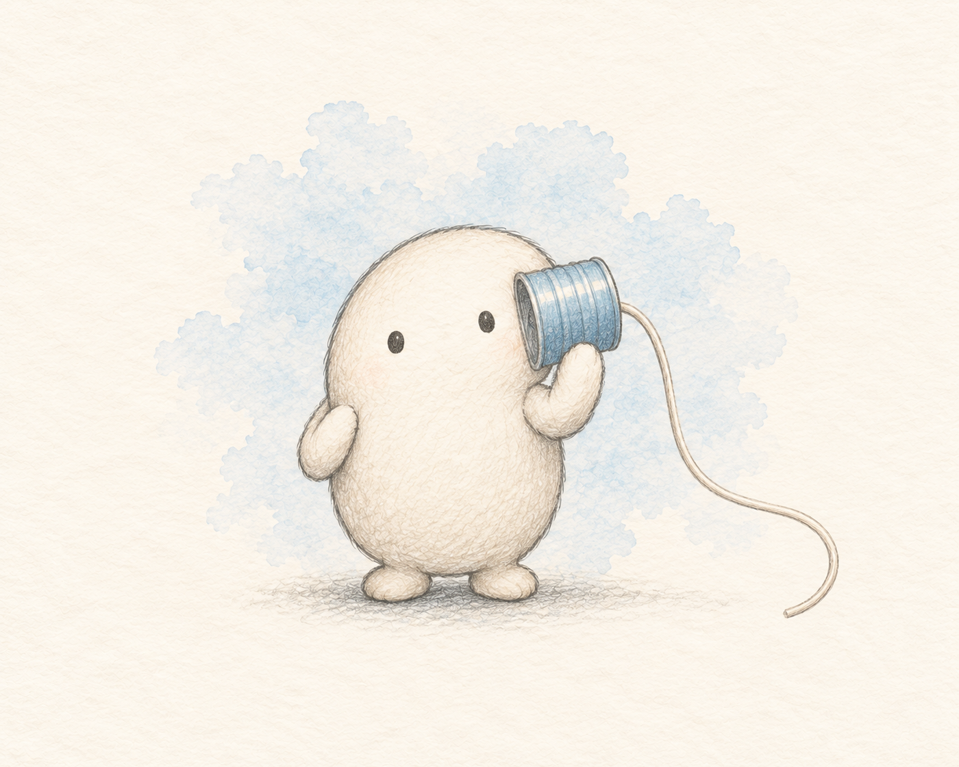 Tinny, a small cream creature listening through a tin-can earpiece
